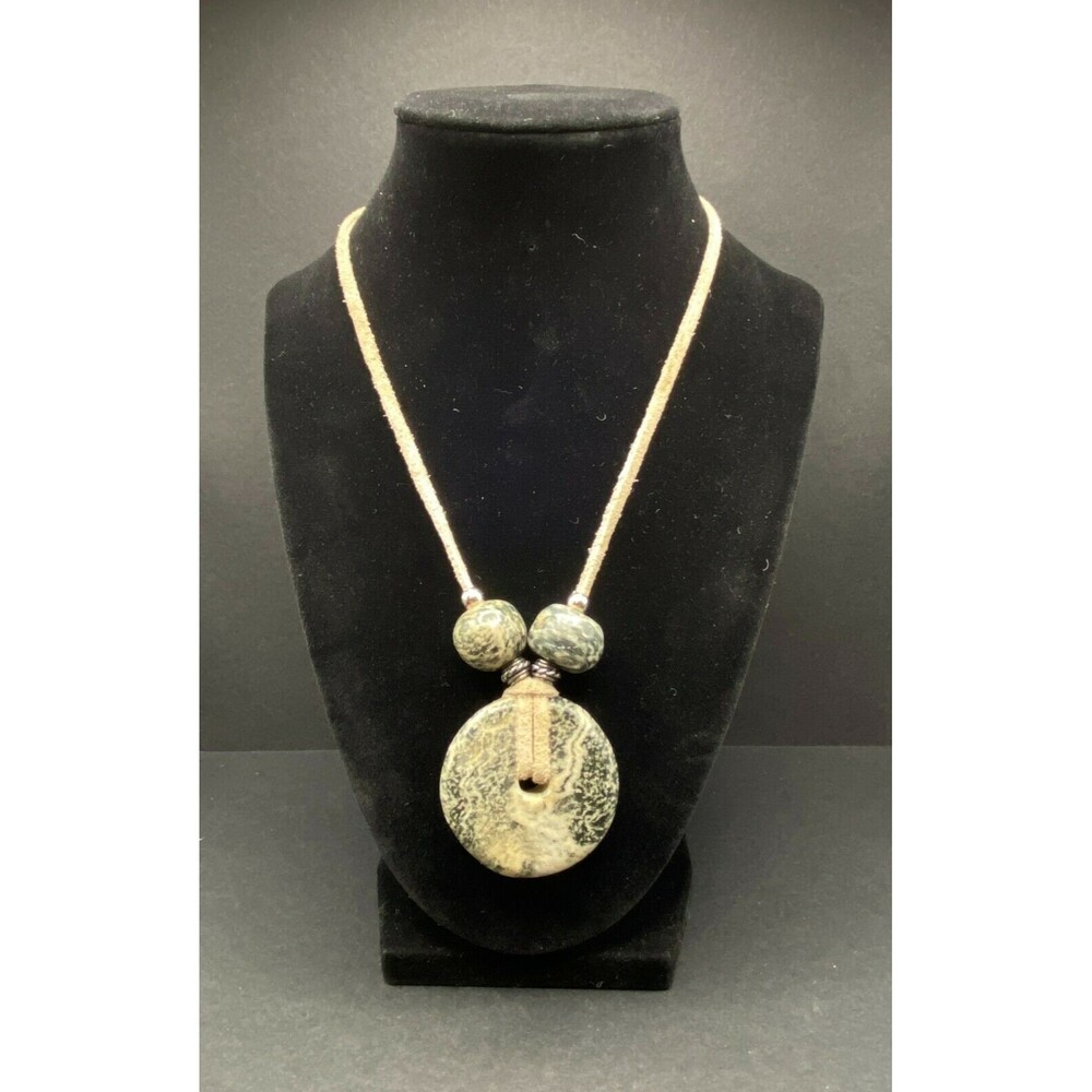 Grey Green Agate Stone Disc Pendant Necklace with Beads on Beige Leather Cord